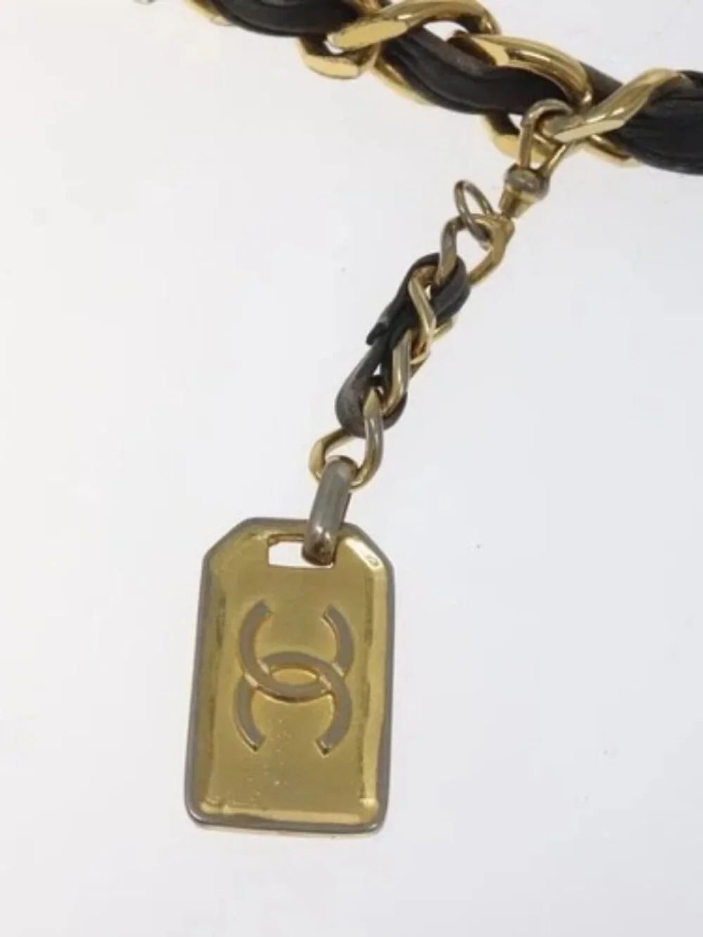CHANEL Chain Belt metal Lamb Skin Black Gold CC Auth MY480